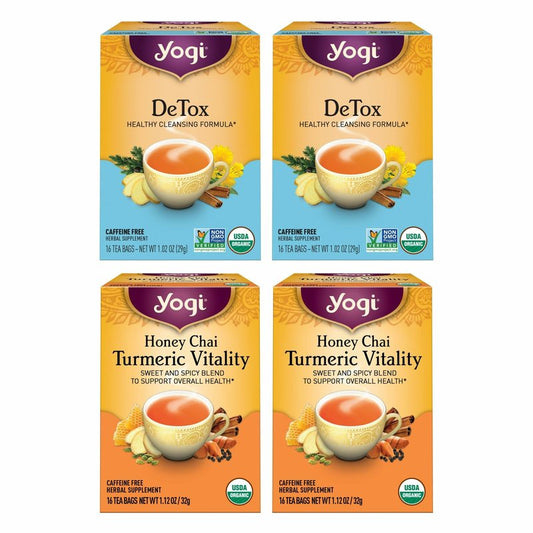 Yogi Tea DeTox and Wellness Variety Pack 4pk - 16 Bags per Pack (4 Pack) - Organic Herbal Cleansing Teas - Includes (2 Boxes Each) of Honey Chai Turmeric Vitality & DeTox - Caffeine-Free Teas