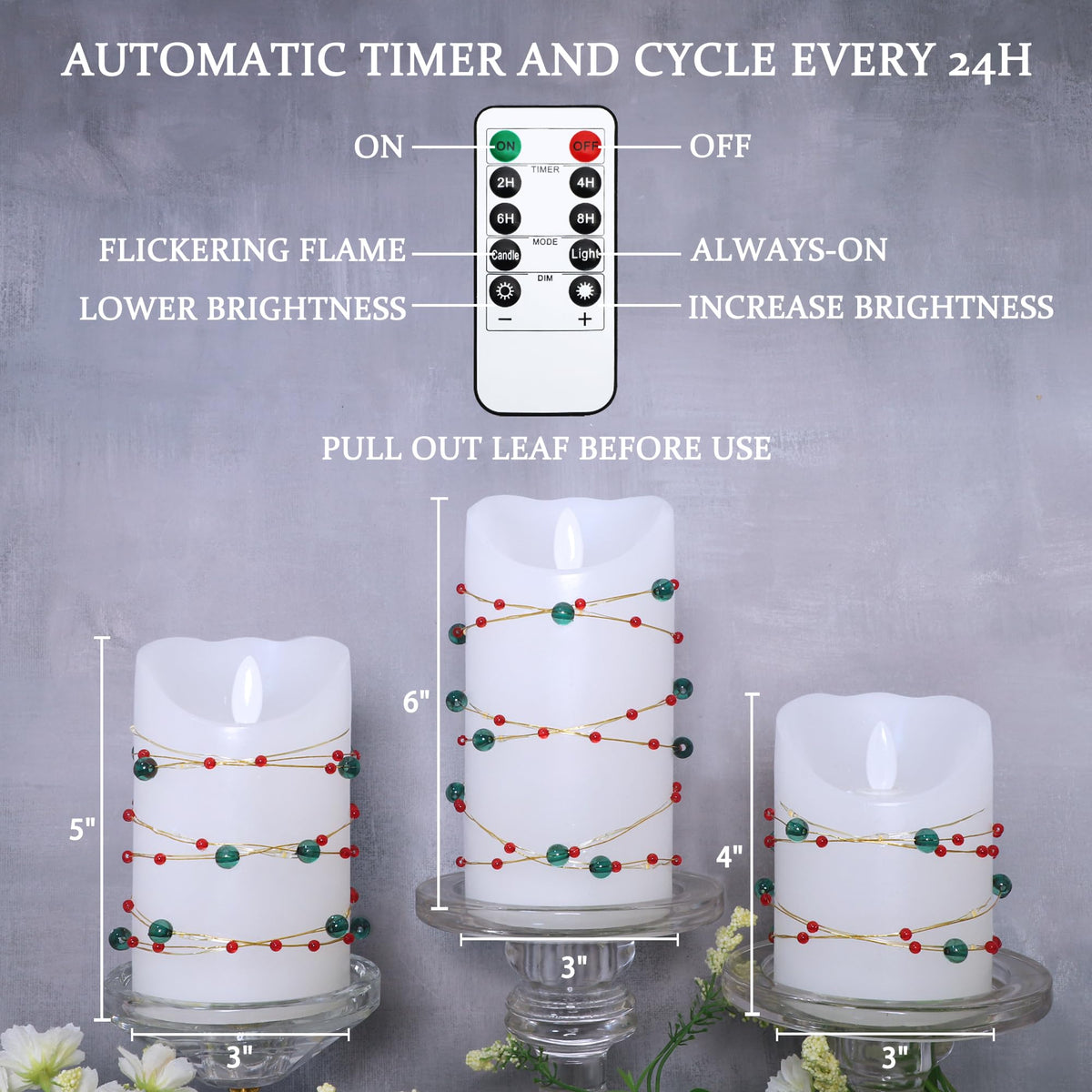 Flameless Candles with Red Green Beads String Lights - Real Wax Christmas Decor Battery Operated Candles with Remote & Timer- Home Party Bedroom Holiday Valentine's Day Decorations - Set of 3