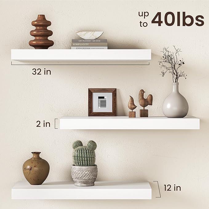 32Inch White Floating Shelves for Wall, 12 Inch Deep Shelves for Bedroom