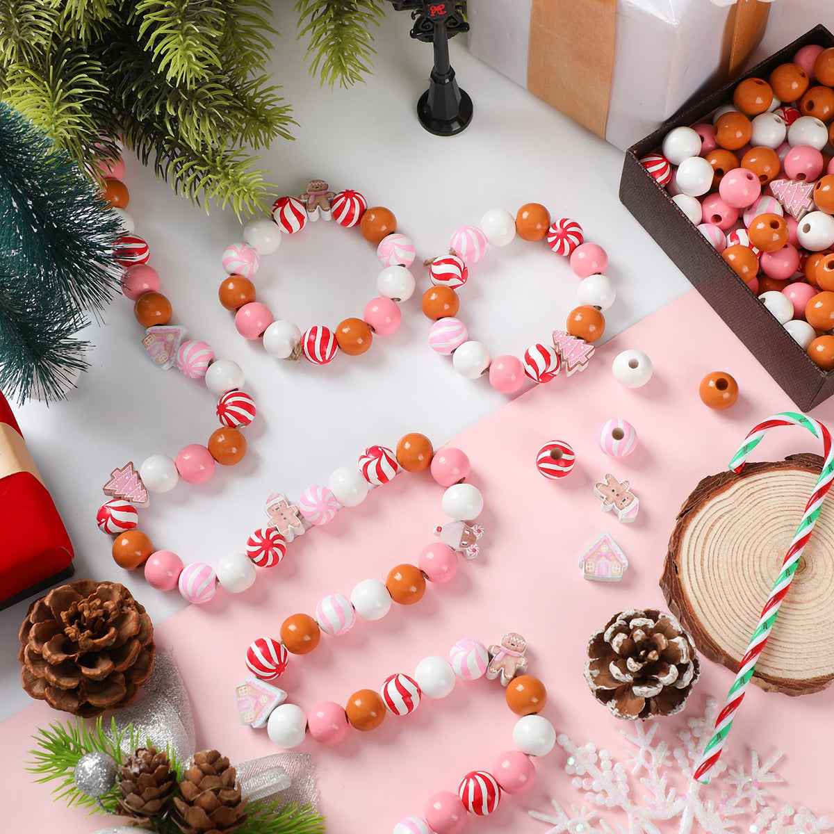 Cinnvoice 240 Pcs Christmas Wooden Beads Bulk for Craft Jewelry Making Round 16mm Santa Peppermint Swirl Beads for DIY Garland Holiday Tiered Tray Tree Decor(Gingerbread,Pink)
