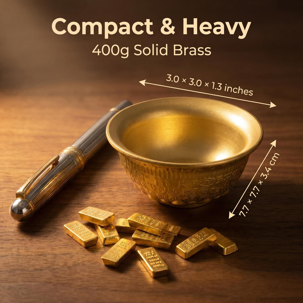 Solid Brass Feng Shui Money Bowl, 100 Fu Carved Bowl, Wealth Frog & Lotus Base, 200 Gold Bricks, 400g, 7.7x7.7x3.4cm, for Wealth Corner, Altar, Office Desk, Home,feng Shui Decor, Brings Abundance