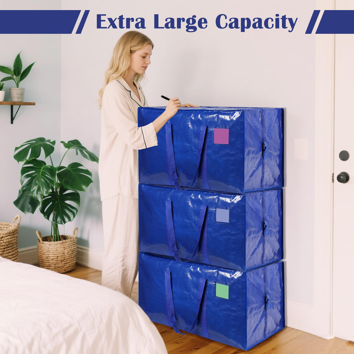 RMOHRO 6 Pack Moving Bags with Full-Open Side Zipper, Extra Large 93L Heavy Duty Waterproof Foldable Storage Totes for College Dorm, Moving & Home Organization,Blue
