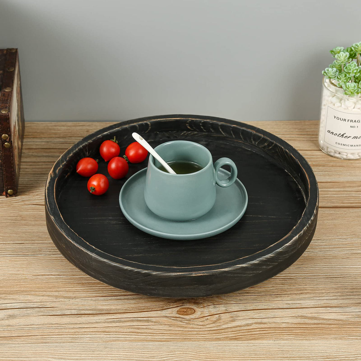 Juleduo 13.38 Inch Rustic Round Wood Lazy Susan for Table Top - Wooden Turntable Serving Tray Distressed Farmhouse Turntable Tray, Cabinet Organizer(Black)