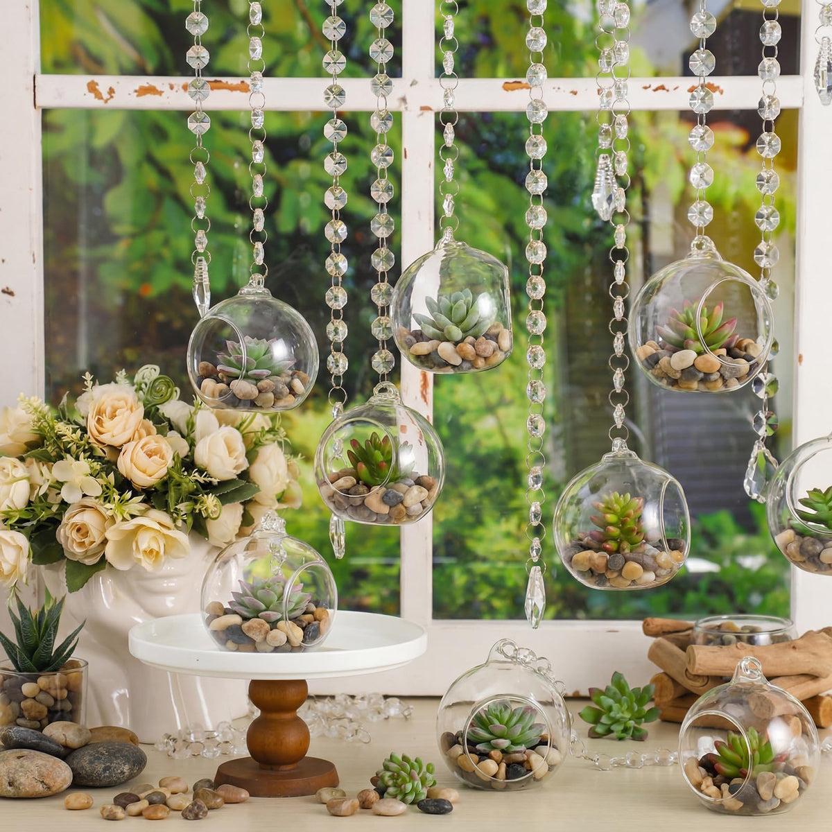 GlikCeil 56 Pcs 3.15'' Hanging Glass Tealight Holder with Clear K9 Crystal Garland Strands and Maple Leaf Pendants Globe Plant Terrariums Glass Orbs for Wedding Party Valentine Decoration