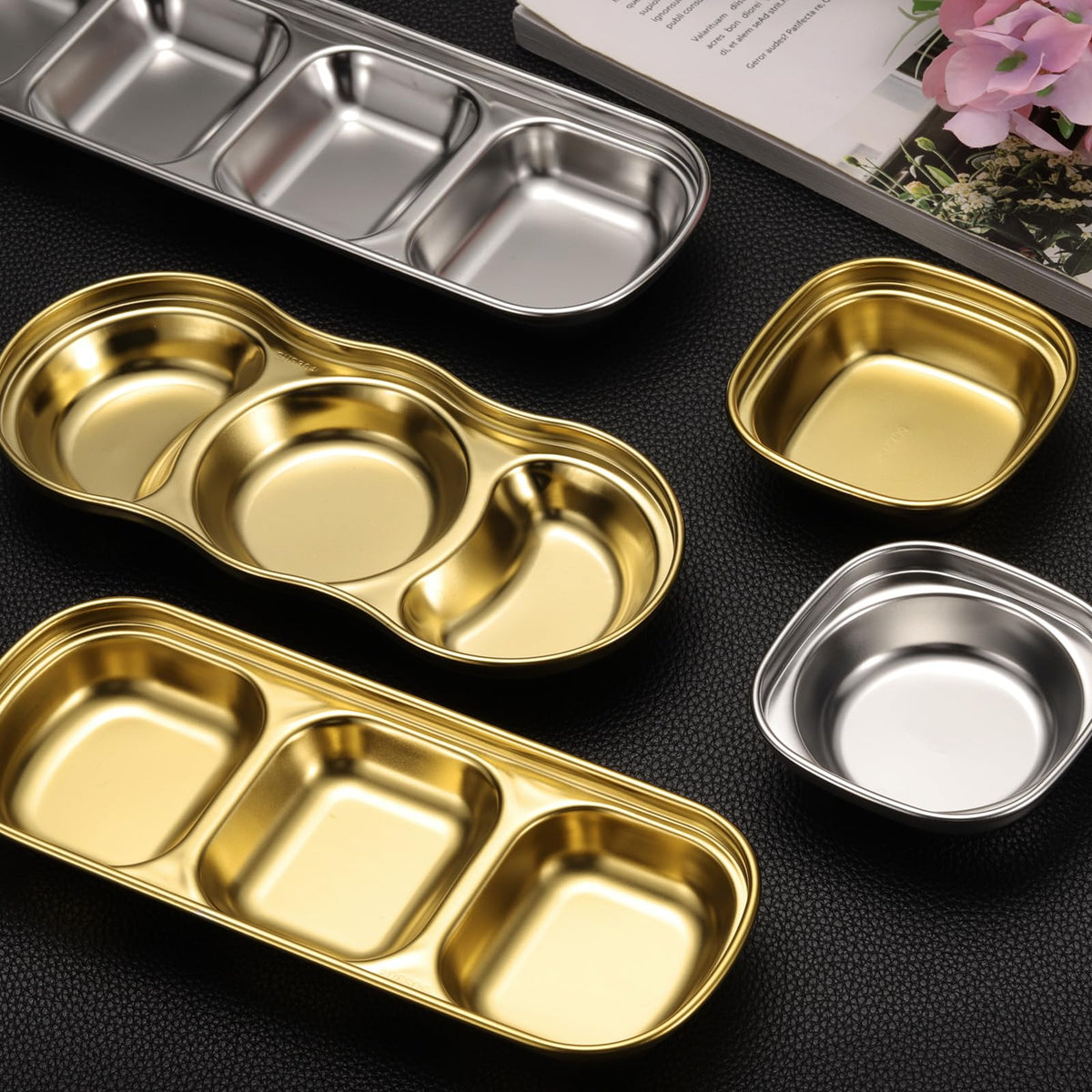 uxcell 4 Pack Stainless Steel Dish Dipping Bowls with Rectangular Compartment Divided, Metal Seasoning Plate Dipping Bowl for Condiment Home Party Restaurant Picnic Travel, Silver