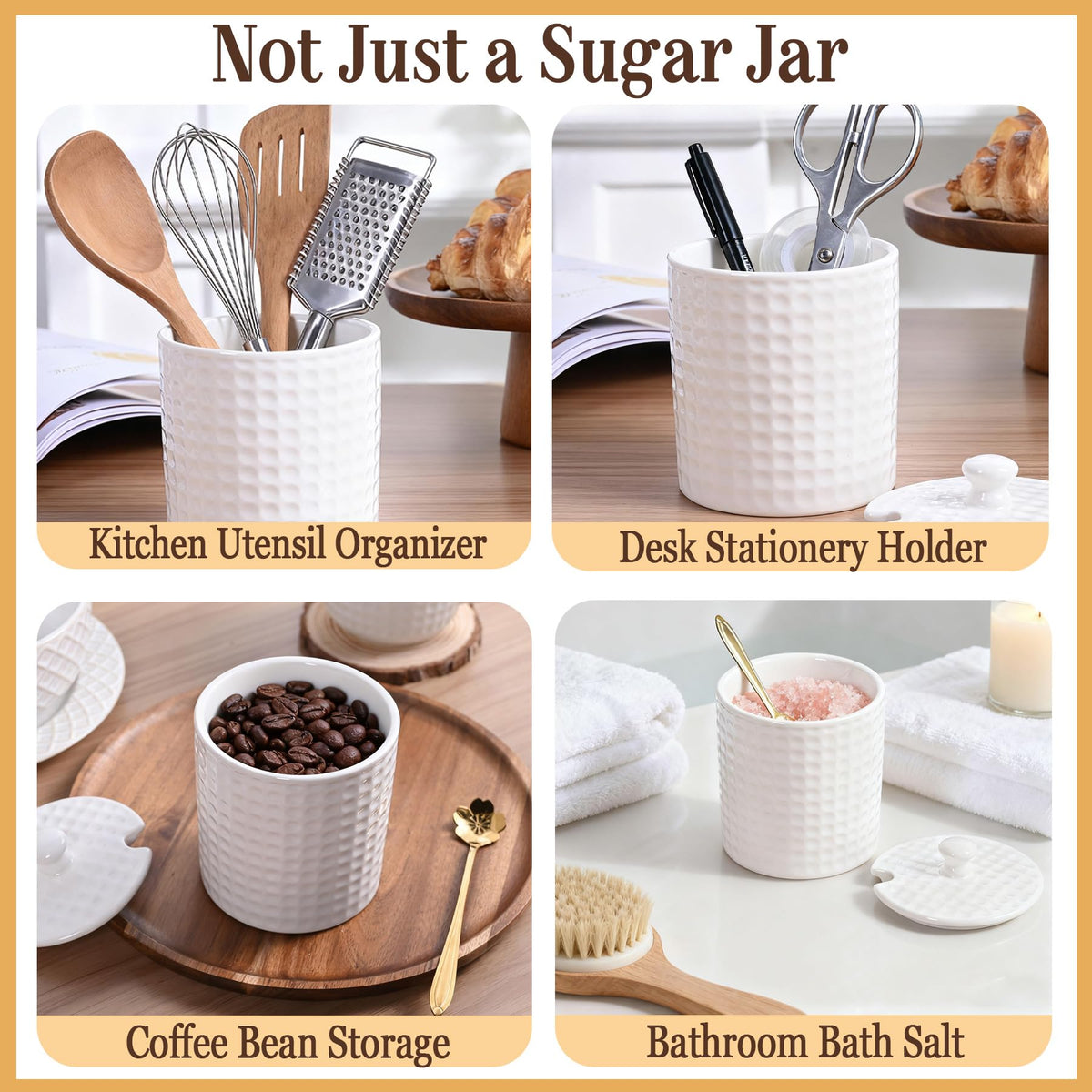 Seworlan Ceramic Sugar Bowl with Lid and Gold Spoon, 16 oz Large Sugar Container for Coffee Bar, Modern Farmhouse Decorative Sugar Holder for Salt, Spice & Seasonings, Dishwasher Safe, White