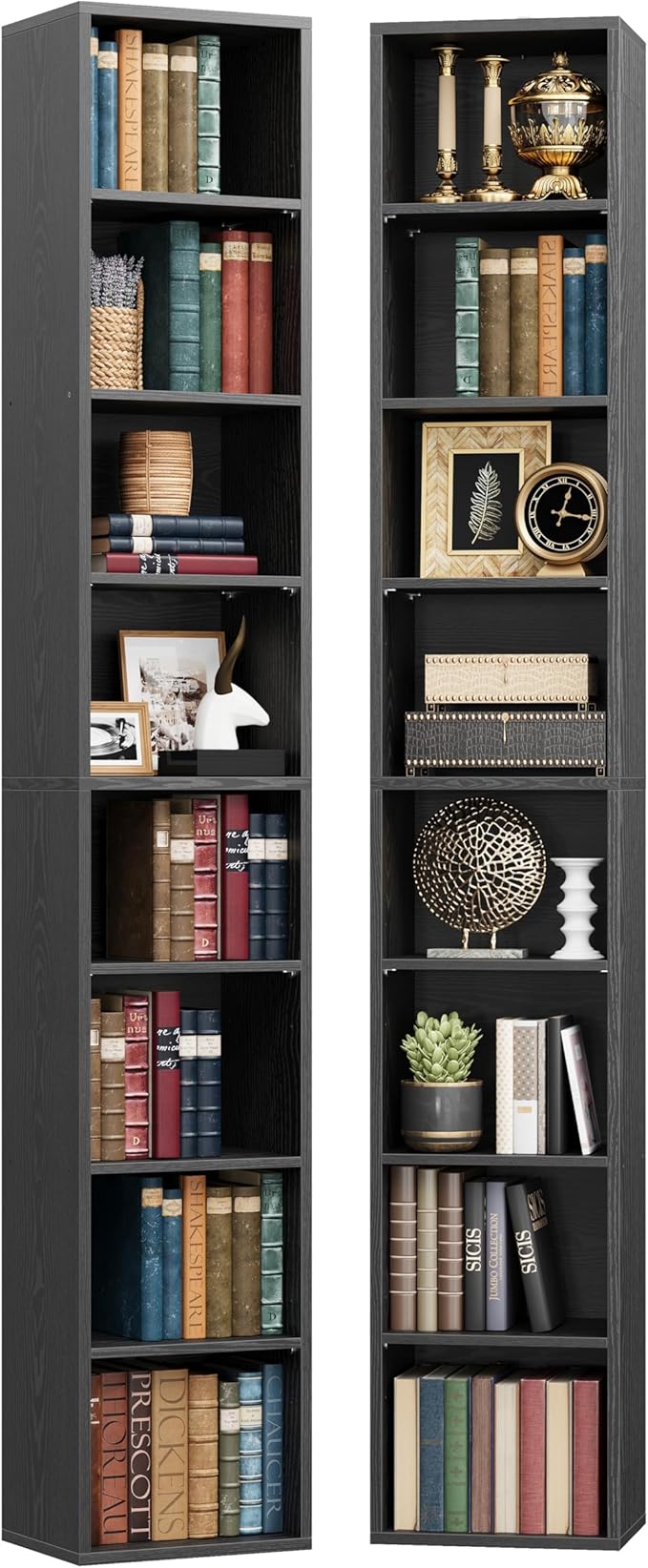 IRONCK Tall Narrow Bookshelf 8 Tiers 71in Set of 2, Compact Corner Bookcase