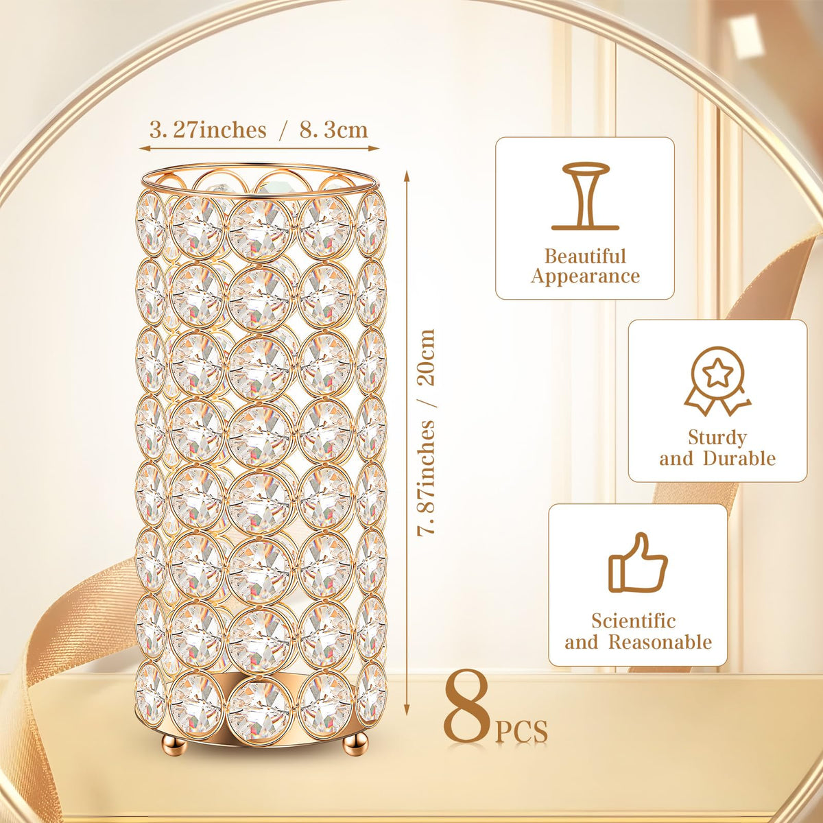 Dandat 8 Pcs Crystal Flower Vase for Wedding Table Centerpieces 7.87 in Crystal Pillar Candle Holder Metal Cylinder Flower Vase Stand for Christmas Wedding Decor Gifts Arrangement Event(Gold)