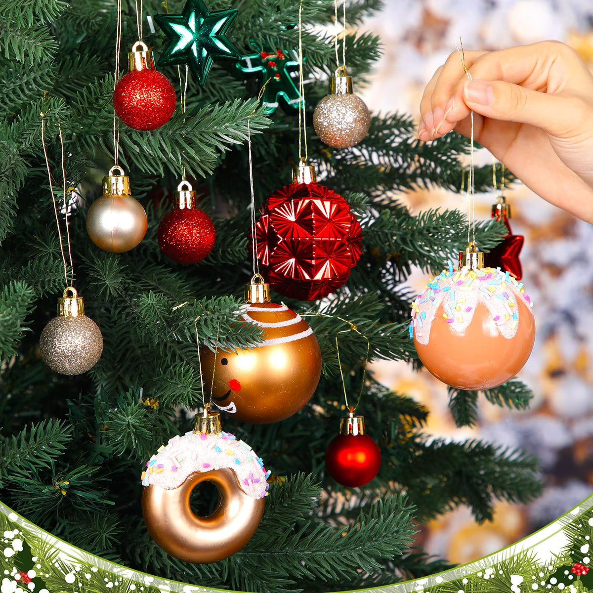 Syhood 40 Pcs Gingerbread Man Christmas Ball Ornaments 2.4 Inch Gingerbread Christmas Decorations Shatterproof Red Green Gold Candy Donut Xmas Baubles for Tree Home Wreath Holiday Office Indoor Decor
