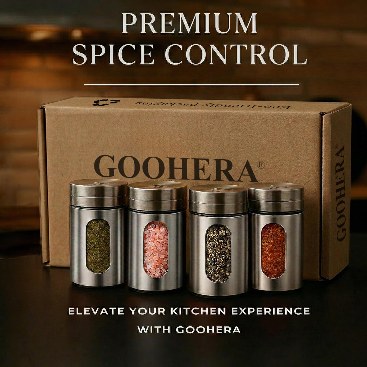 GOOHERA 4-Piece Salt and Pepper Shakers Set, 100mL (3.38oz) Each – Premium Stainless Steel Spice Dispensers with Adjustable Pour Holes – SILVER