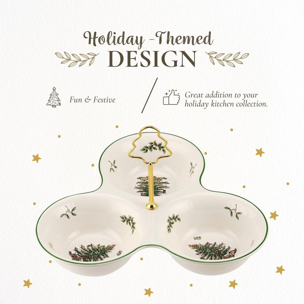 Spode Christmas Tree 3 Section Server with Tree Handle - Divided Serving Tray for Nuts, Candies, Condiments, Holiday Treats - Festive Earthenware Tableware for Seasonal Entertaining & Hosting