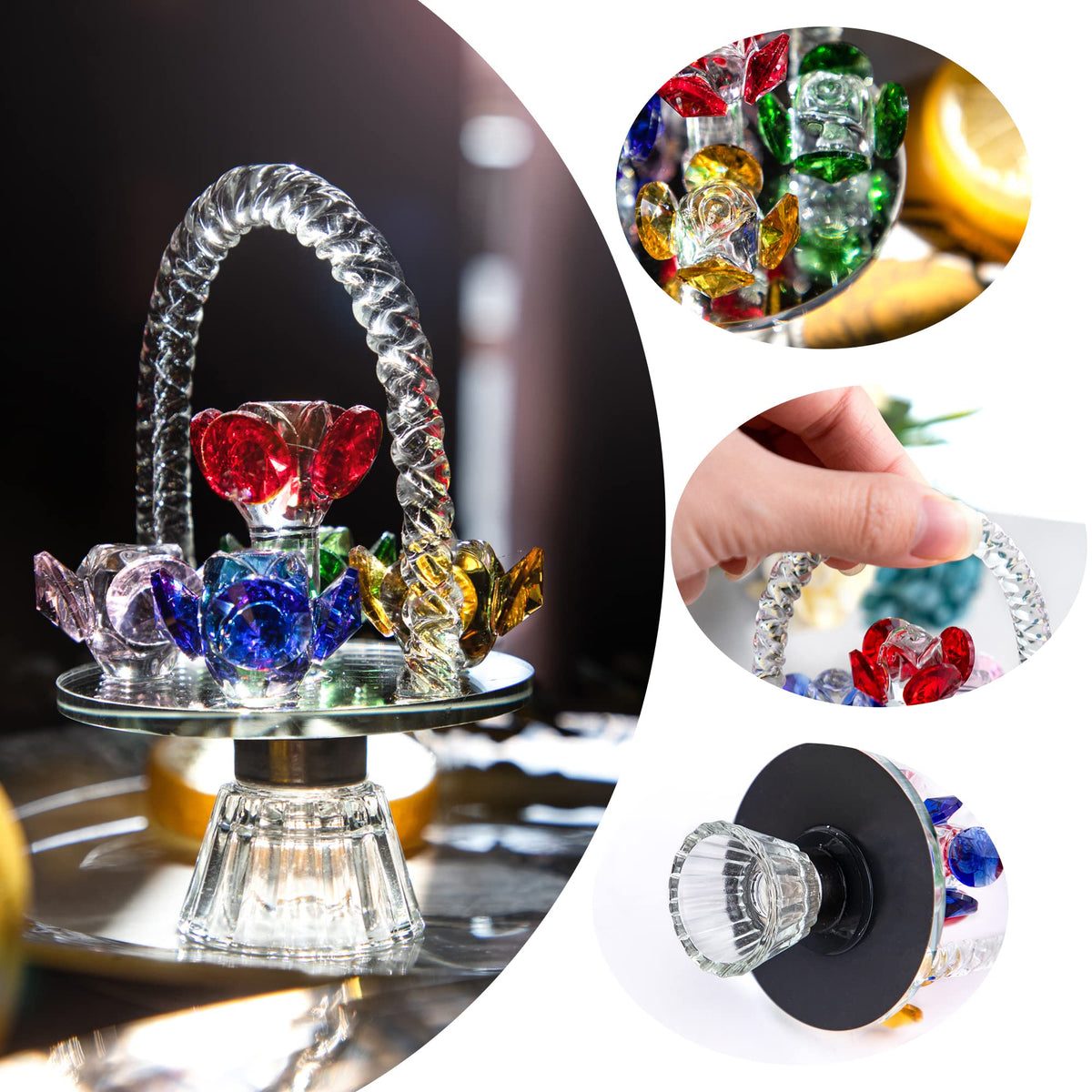 H&D HYALINE & DORA Colorful Crystal Flower Basket Figurine Ornament, Glass Flower with Rotating Base for Home Dress Table Centerpiece Christmas Lady Gift