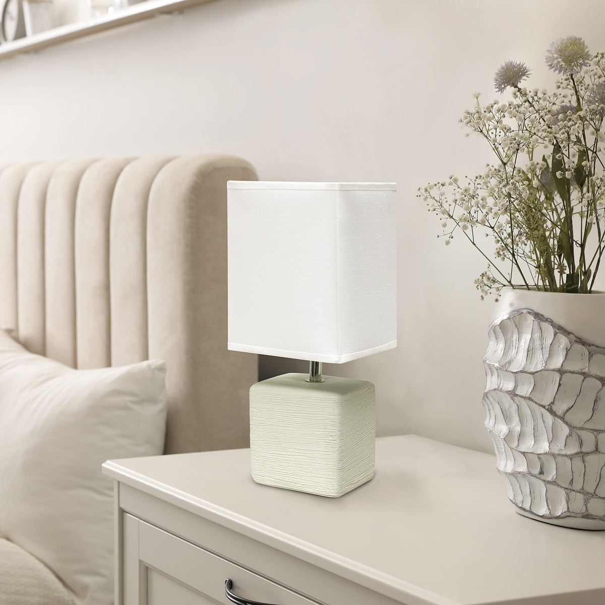 Simple Designs LT2072-OFF Petite Faux Stone Table Lamp with Fabric Shade, Off White with White Shade