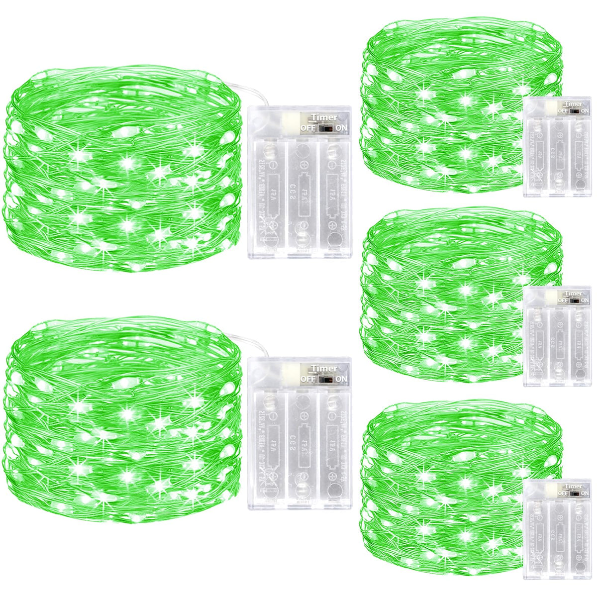 kolpop 5 Pack Fairy Lights Battery Operated with Timer, 50 LED Mini String Light Battery Powered, Green Tiny Lights for Indoor Wedding Decorations