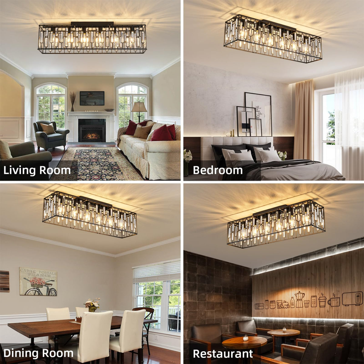 Garwarm 38.7 inch Modern Ceiling Light,6-Light Crystal Chandelier Black Rectangle Chandeliers, Dining Room Light Fixture Flush Mount for Living Room Kitchen Island Bar
