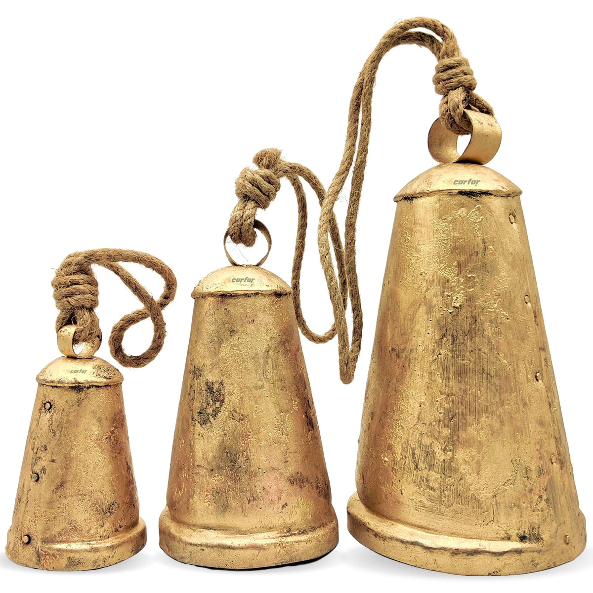 Carfar Shabby Chic Set of 3 Country Rustic Style Cone Bells Handmade Metal Harmony Christmas Hanging Decorative Cow Bells Set (3, Extra Large)