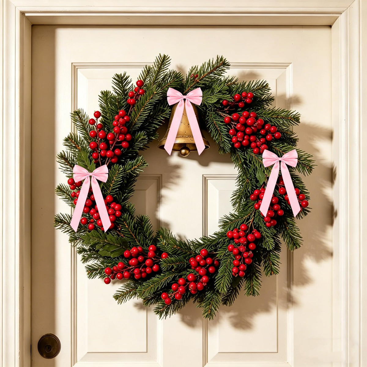 50Pcs Pink Satin Bows for Christmas Tree, 4 x 8 inch Xmas Ornaments with Pre-Made Twist Ties & Self-Adhesive, for Tree Cabinet Front Door Wreath Holiday Home Decor