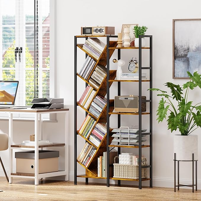 5-Tier Double Wide Bookshelf 67", Industrial Tree BookShelves, Vintage Storage