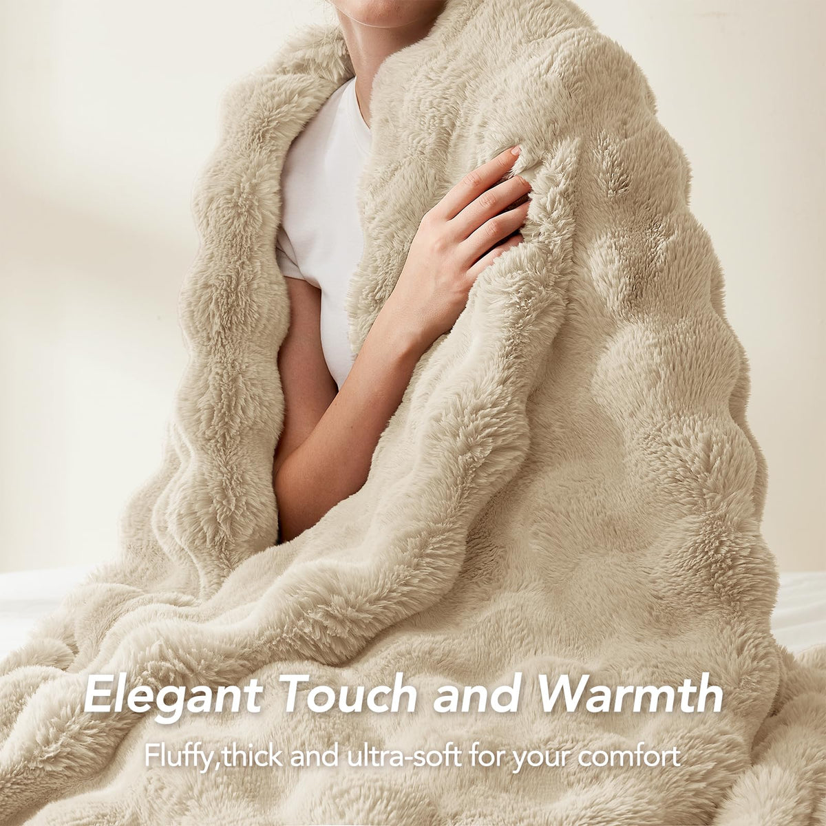 L'AGRATY Faux Rabbit Fur Blanket: 50" x 60" Luxury Soft Fluffy Thick Fur Throw Blanket for Couch Bed Sofa - Cozy Plush Bubble Blankets for Winter: Warm Flannel Fleece Decorative Blanket(Almond White)