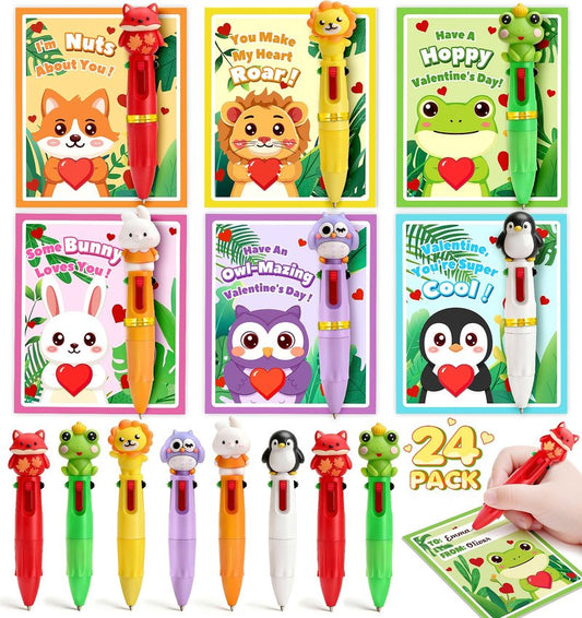 Valentines Day Cards for Kids Classroom, 24 Pack Valentines Gifts for Kids School with Multicolor Animal Ballpoint Pen, School Valentines Gifts Exchange, Valentine Party Favors Supply for Boys Girls
