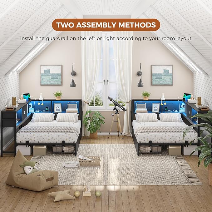 DICTAC Corner Bed Frame with 2 Storage Drawers and Bookcase Headboard Twin XL