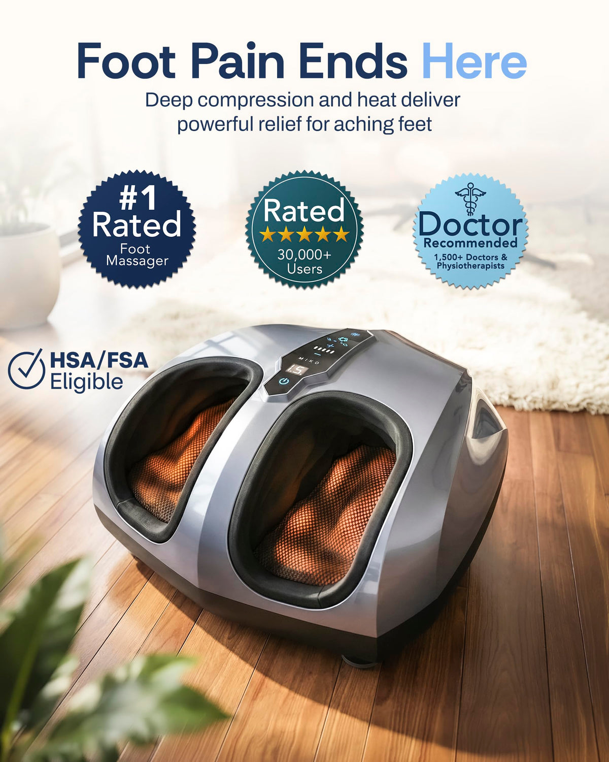 MIKO Foot Massager Machine with Deep-Kneading, Compression, Shiatsu, and Heat for Plantar Fasciitis, Neuropathy - Fits up to Men Size 12