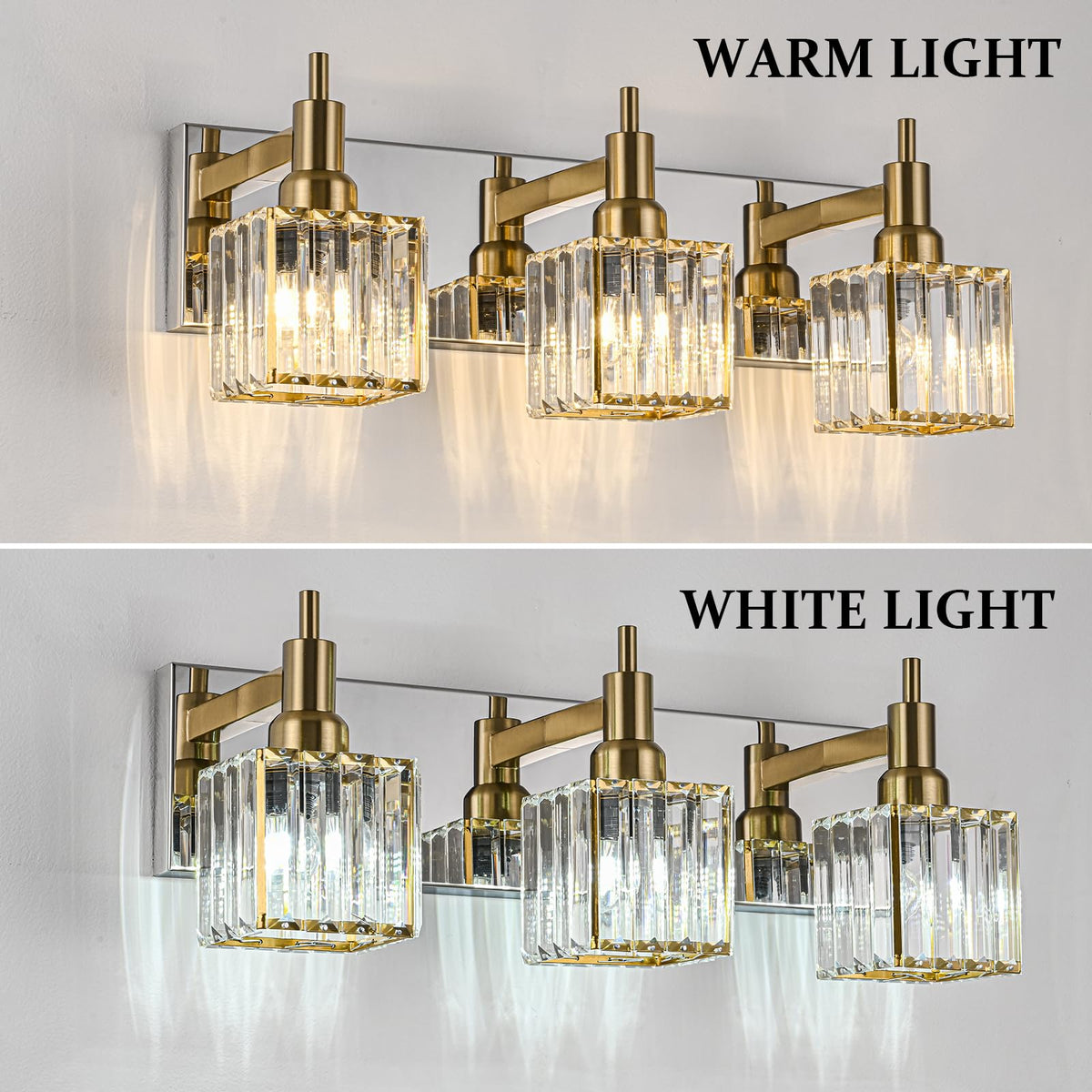 HUOKU Crystal Bathroom Vanity Light Gold Chrome 3-Light Modern Bathroom Lighting Fixtures Over Mirror Square Wall Sconce