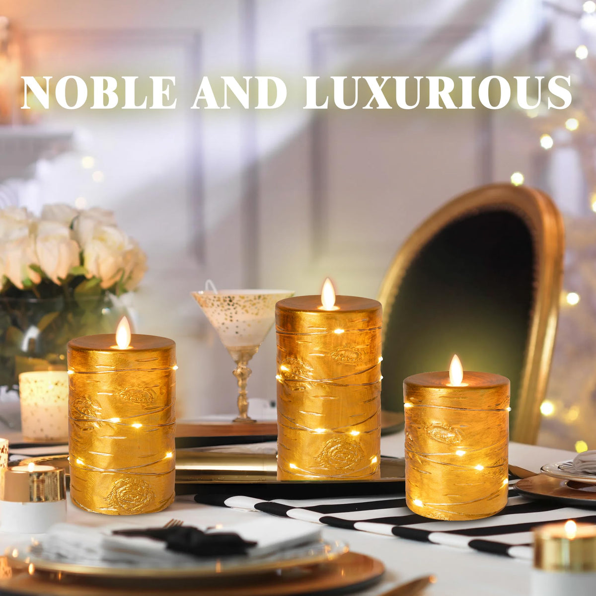 Da by 3 Pack Gold Wax Flameless Taper Candles, Realistic Flickering LED Candles with Surrounding Fairy String Lights, Soft Warm Light Battery Candles with Remote for Indoor Outdoor Decor