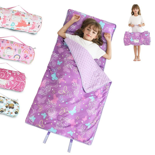 Toddler Nap Mat for Preschool 50''x30'' Sleeping Mat with Removable Pillow and Minky Blanket for Kids Ages 3-7 Roll Up Soft Sleeping Bag for Boys Girls Kindergarten Daycare Sleepover - Purple Unicorn