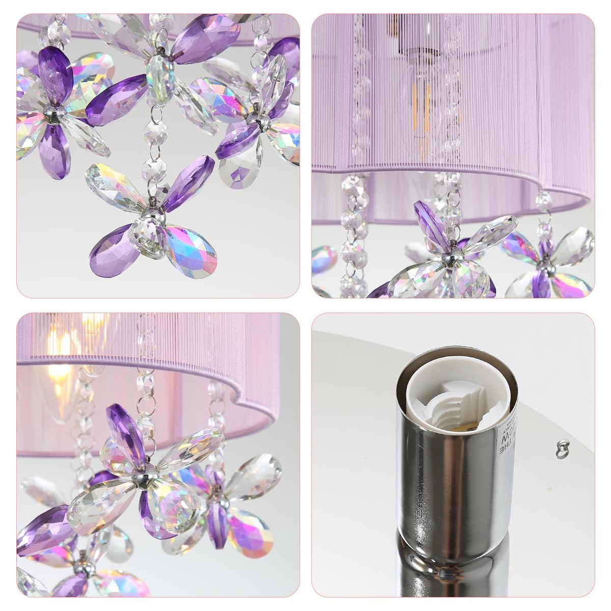 3 Light Bedroom Chandelier Ceiling Light Pink Lamp 13" Small Crystal Mini Chandelier Flush Mount Ceiling Light with Handmade Flower Lampshade for Girls' Bedroom,Closet,Nursery,Dinning Room Purple