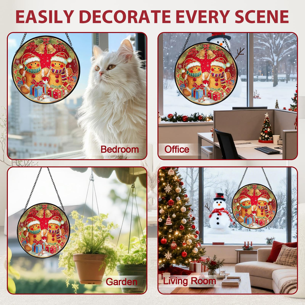 Christmas Decorations Stained Glass Window Hanging, Gingerbread Candy Cane Christmas Suncatcher for Window Hanging, Suncatchers Indoor Windows Wall Art for Mom Grandma, for Home Office 7.87 inches