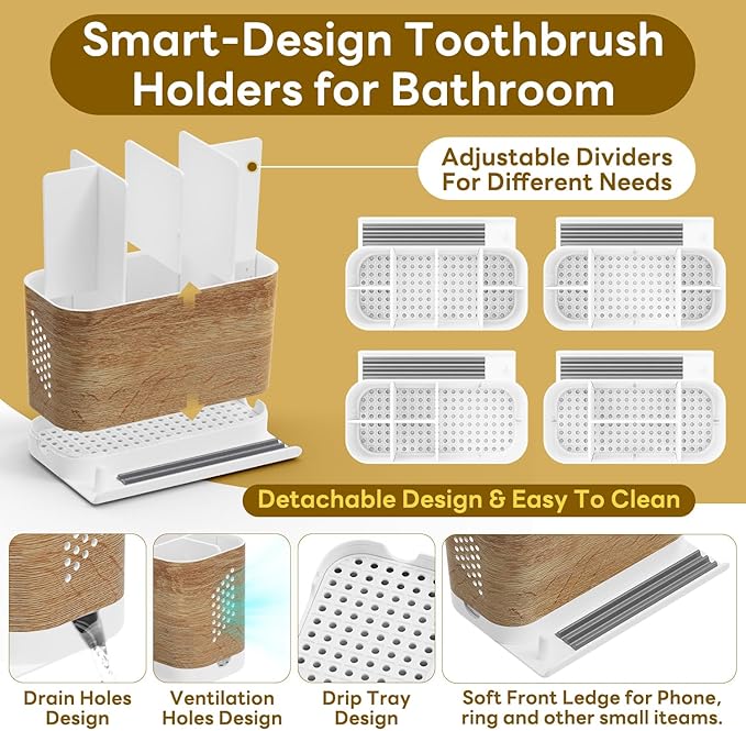 Bathroom Organizers and Storage 6 Slots Wood Grain Electric Toothbrush Holders