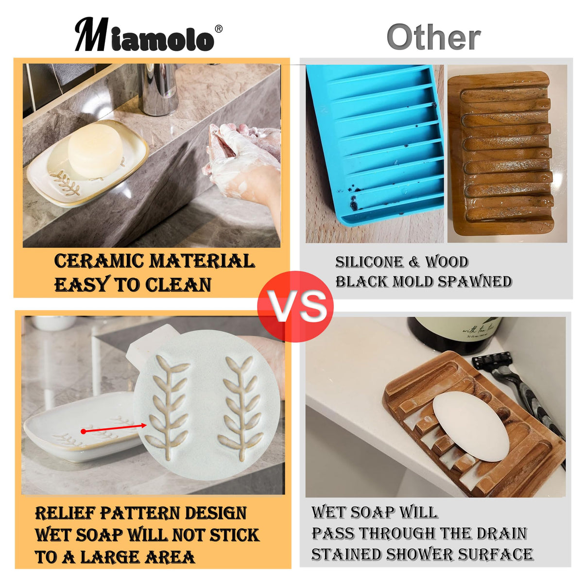 Miamolo Soap Dish Bar Cleaner Dish for Shower, Ceramic Soap Dishes for Large Soap Bar Shampoo or Sponge, Shower Soap Dish Soap Saver Tray for Bathroom Kitchen Sink, Easy to Clean