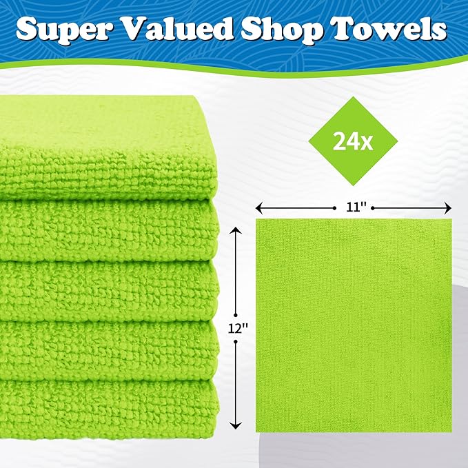 FIXSMITH Microfiber Cleaning Cloth, Shop Towels Bulk, 24 Pack Green Microfiber