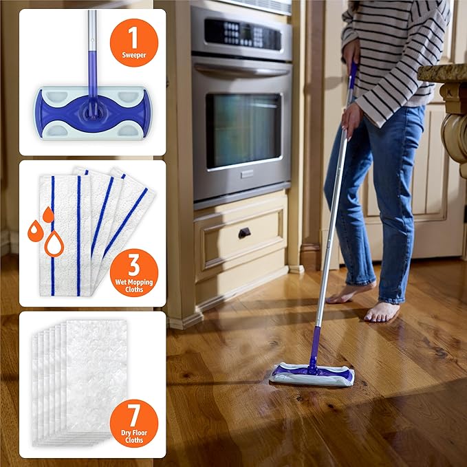 Amazon Basics Wet & Dry Sweeper Kit, 1 Sweeper Handle, 7 Heavy Duty Dry Floor