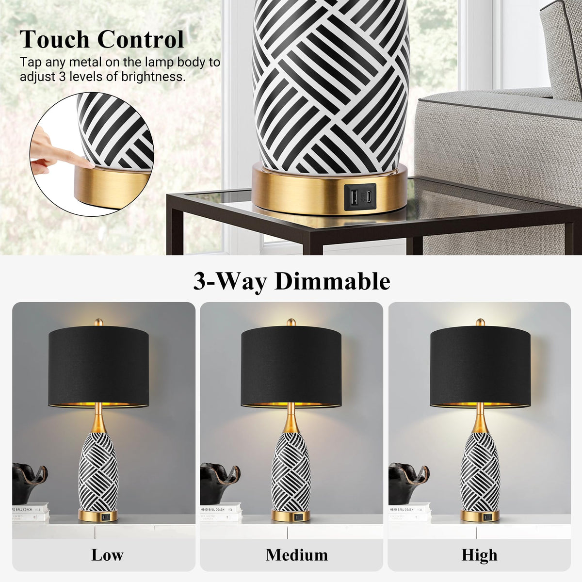 25.5" Touch Control Black and Gold Lamp,3-Way Dimmable Modern Ceramic Table Lamps with USB & Type-C Ports,Classic Black/White Striped Bedside Lamps for Bedroom Living Room Office(Bulbs Included)