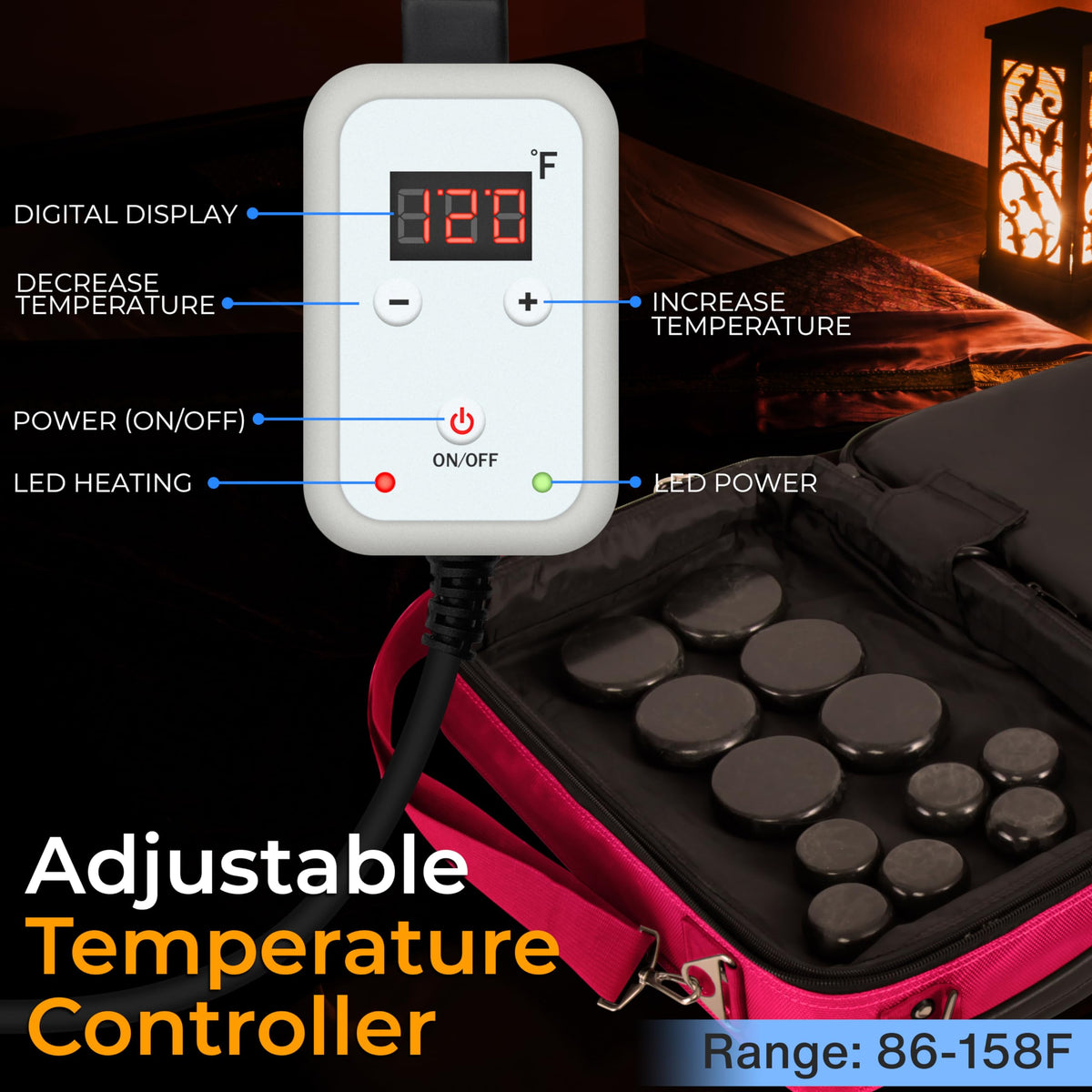 SereneLife Portable Massage Stone Warmer Set - Electric Spa Hot Stones Massager and Heater Kit with 6 Large and 6 Small Round Shaped Basalt Massaging Rocks, Digital Controller Heating Bag, Pink