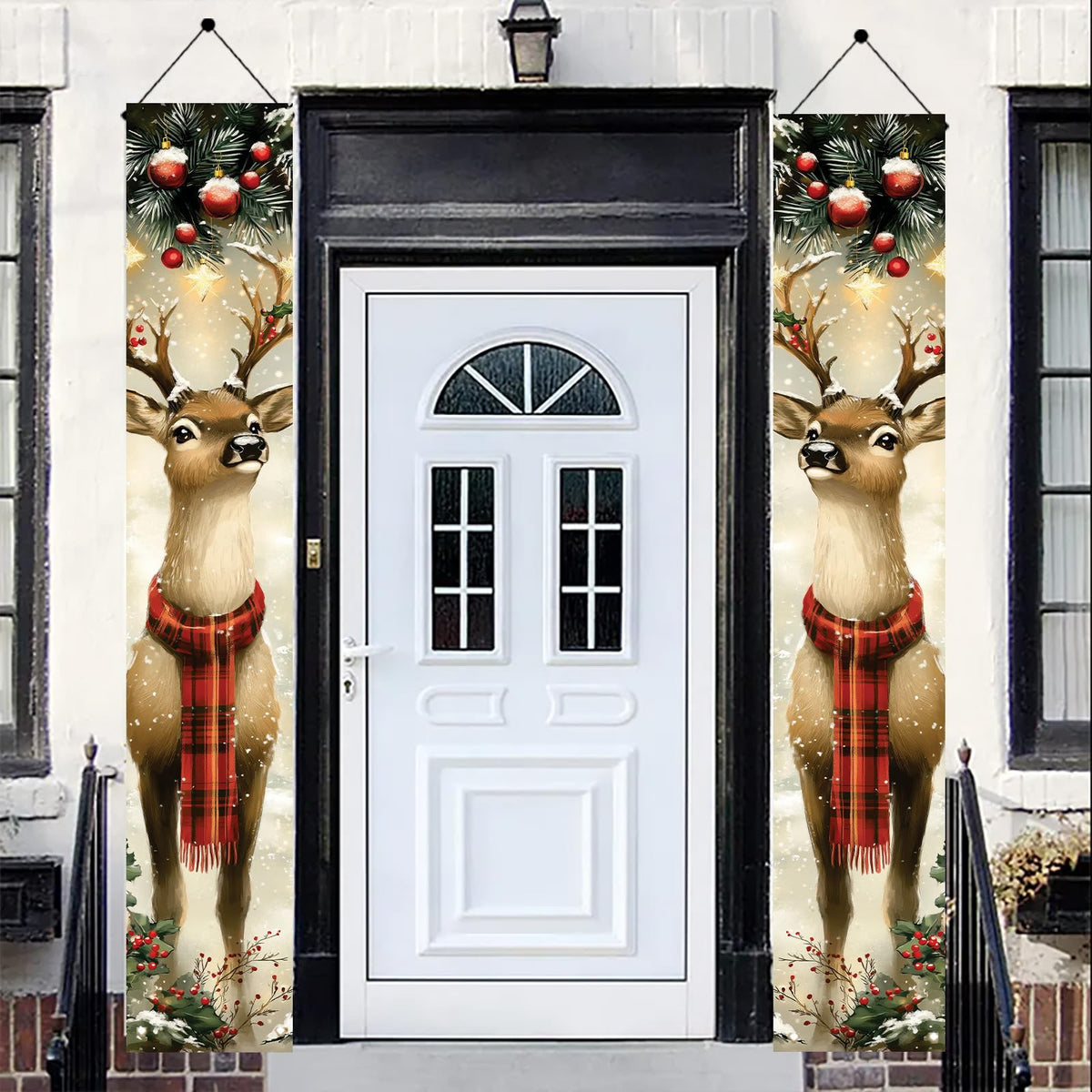 Saoplasa 2PCS Christmas Porch Banner Reindeer with Scarf Vertical Hanging Decorations for Front Door Outdoor Winter Holiday Welcome Sign Plaid Deer Wall Decor Xmas Entryway Background 71 x 12 Inch