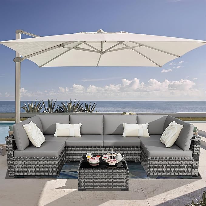 KIGOTY Patio Furniture Set, 7 Pieces Modular Outdoor Sectional Sofa, PE Rattan