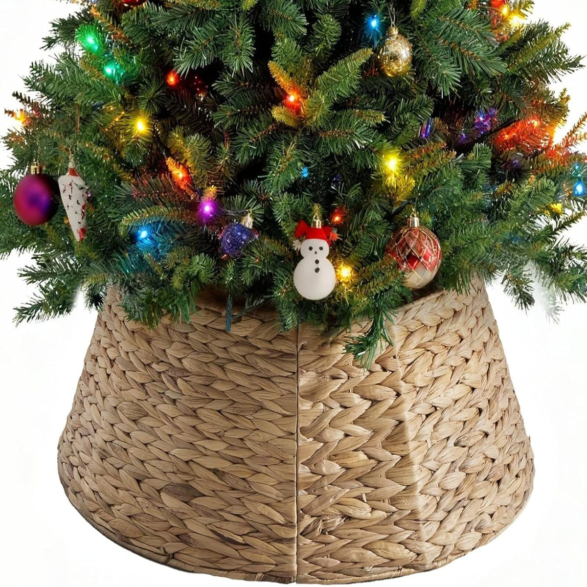 Sweetcrispy 24inch Christmas Tree Collar for 4-7ft Trees, Woven Hyacinth Rattan 4-Panel Collar w/Cord Access Hole & Easy Lock Design,Handwoven Natural