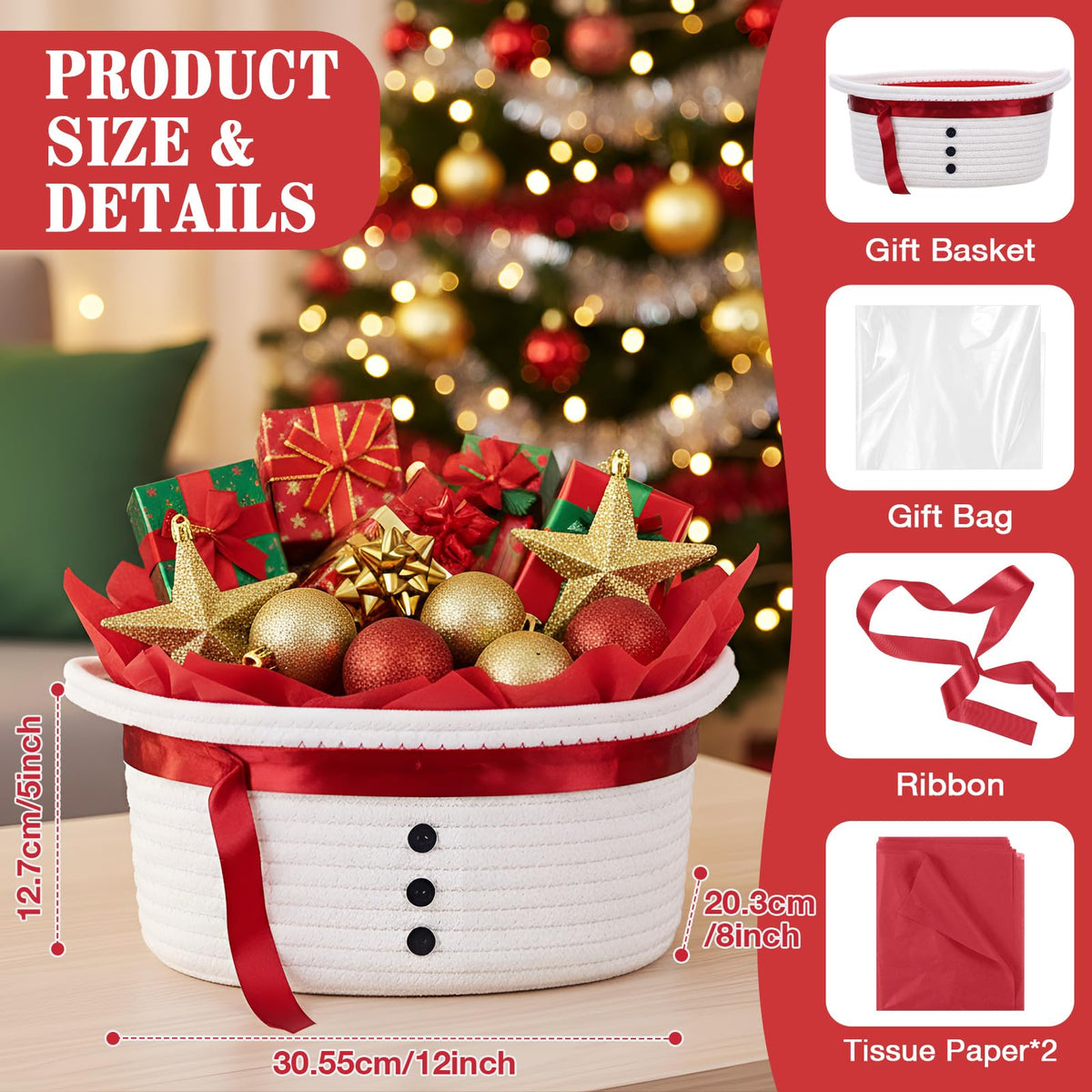 Zopeal Christmas Woven Basket with Gift Bag, Ribbon and Red Tissue Paper Snowman Empty Woven Bin Basket Holiday Decorative for Xmas Gifts, 12 x 8 x 5 Inch