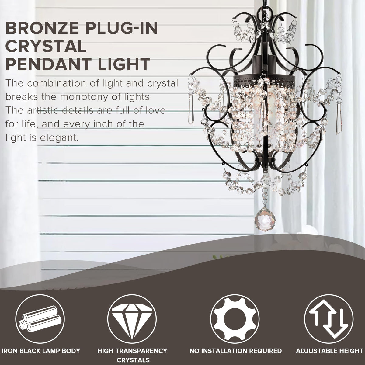 Plug in Pendant Lights with K9 Crystal Bronze Hanging Lamp with 15Ft Clear Cord & On/Off Switch，Mini Chandelier for Closet Living Room Girls Room Bedroom Nursery