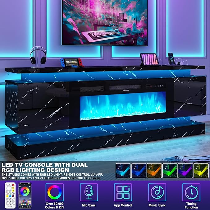 chartustriable 71IN LED TV Stands w/40 inch Fireplace Power Outlet