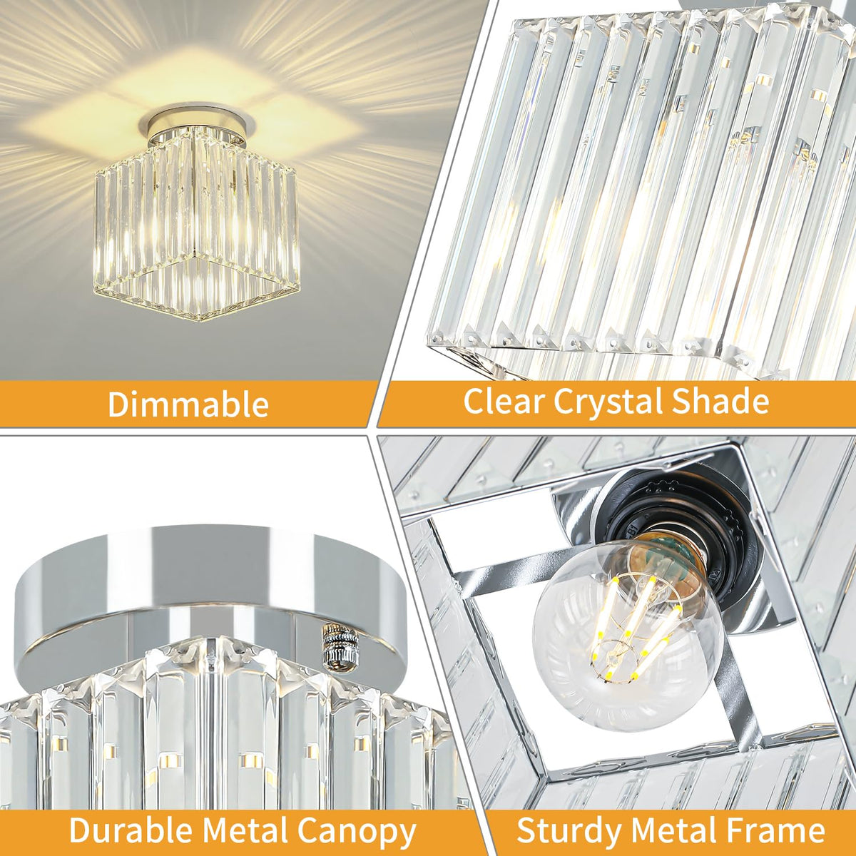 GZBEINI 2-Pack Modern Crystal Semi Flush Mount Ceiling Light, Mini Square Chrome Hallway Light Fixtures Close to Ceiling Lights for Entryway Bathroom Bedroom Kitchen Dining Room Laundry, 7.24Inch