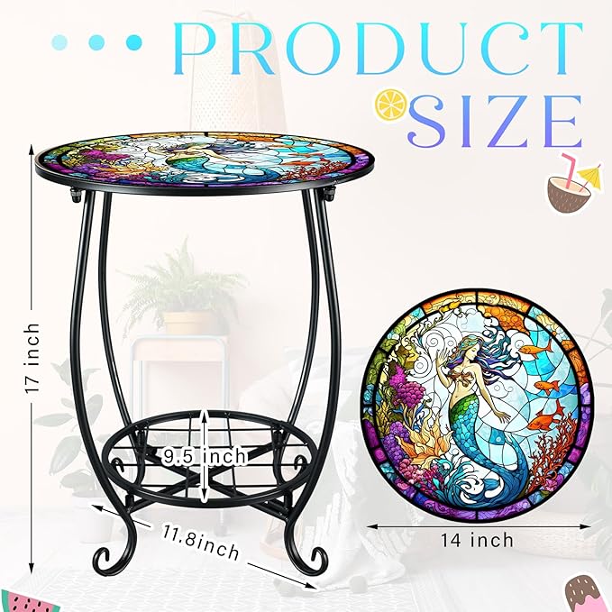 Cinnvoice Outdoor Side Table Round Small Mosaic Patio Accent Indoor End Plant