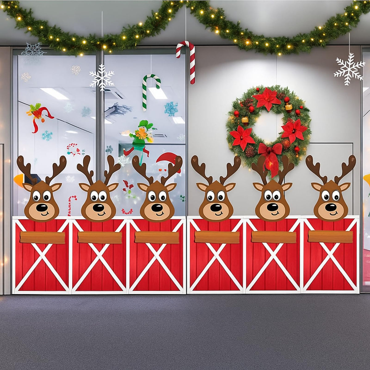 HunnmingRe 3 Pcs Large Reindeer Stables Christmas Office Decoration 78.7 Inch Reindeer Door Banner with Hook Double-Sided Tape Winter Xmas Elk Wall Supplies for Garage Classroom Office Decoration