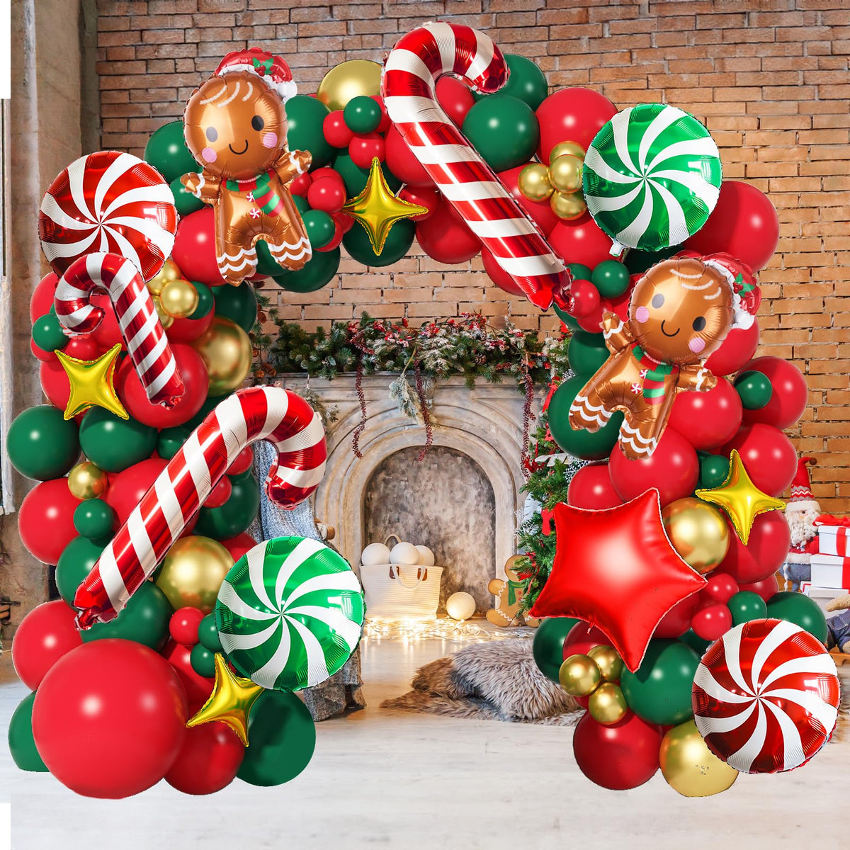 Christmas Balloon Garland Arch Kit Red Green Gold Latex Balloons Large Gingerbread Man Red Green Lollipop Candy Mini Cane Foil Balloons with Four/Five Pointed Star for Xmas New Year Party Decorations