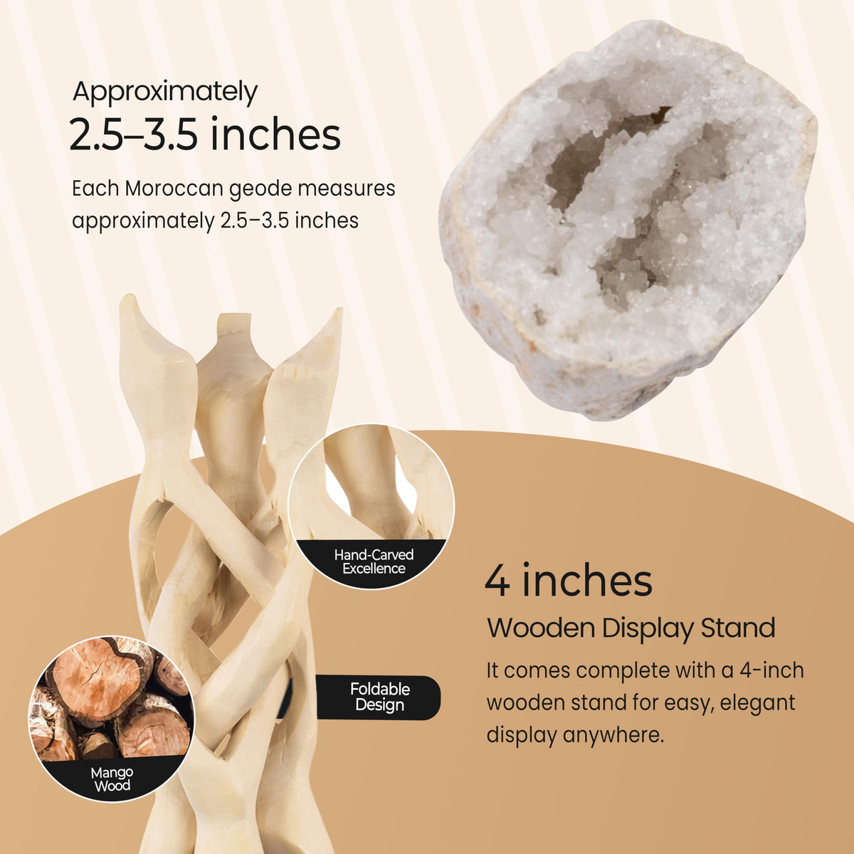 Geode Crystal with Wooden Stand – Moroccan Clear Quartz Crystal Cluster Geode for Meditation, Healing Crystals, Cleansing Energy, & Spiritual Gifts – Crystal Home Decor