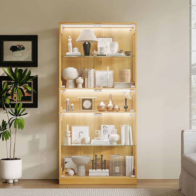Display Cabinet with Glass Doors & LED Lights, 5 Tier Lighted Display Case