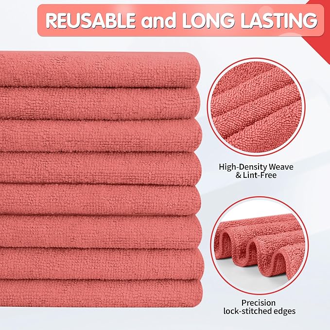 FIXSMITH Red Microfiber Cleaning Cloth -Pack of 8, Highly Absorbent Cleaning